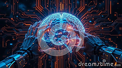 Mind-Machine Synergy: Futuristic AI with Glowing Neural Network Visualization Stock Photo