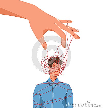 Mind manipulate concept vector illustration with puppet master hand confuses or operates chaos opinions of man isolated Vector Illustration