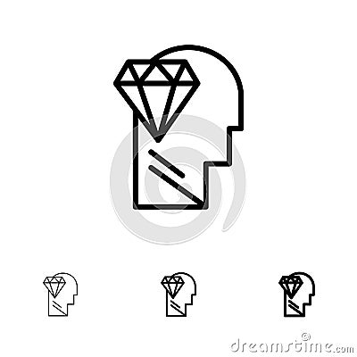 Mind, Perfection, Diamond, Head Bold and thin black line icon set Vector Illustration