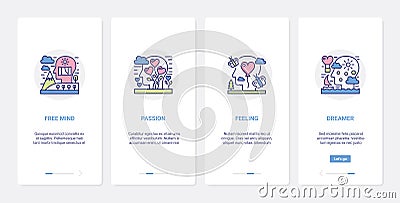 Mind process, passion feelings and dreams UX, UI onboarding mobile app page screen set Vector Illustration
