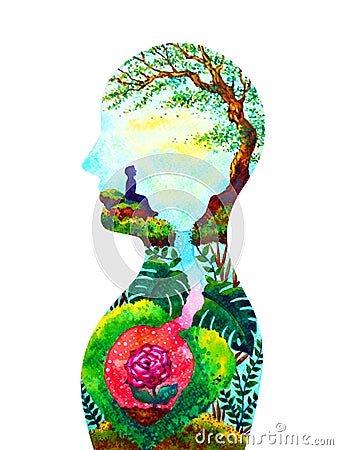 Mind spiritual human head mental health watercolor painting illustration design hand drawing Cartoon Illustration