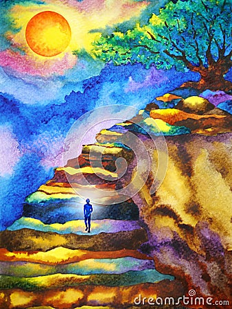 Mind spiritual human meditation on mountain abstract art watercolor painting illustration design drawing Cartoon Illustration