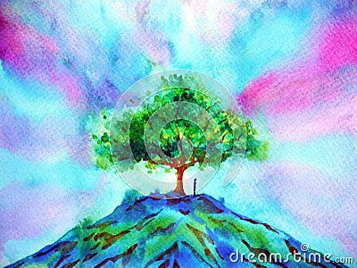 Mind spiritual human on mountain tree abstract art watercolor painting illustration design hand drawing Cartoon Illustration