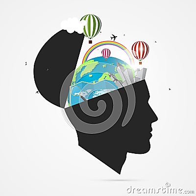 Mind of traveler. Creative concept with open head. Vector Vector Illustration