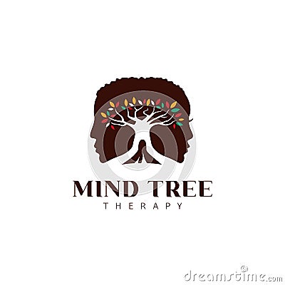 Mind tree therapy psychologist logo icon with male and female silhouette and big tree with colorful leaves Vector Illustration