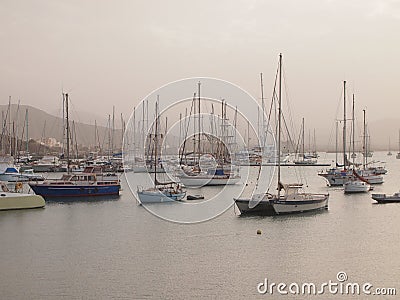 Sailboats moored in Mindelo harbour, Sao Vicente island Cape Verde Editorial Stock Photo