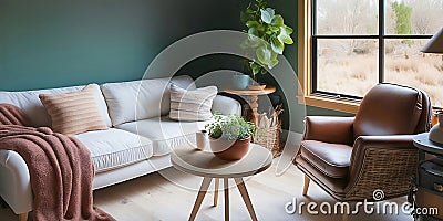 Mindful and cozy living room with natural, sustainable, and earthy furniture Cartoon Illustration