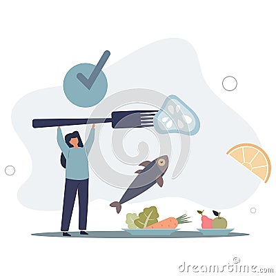 Mindful eating and healthy, balanced food awareness.Think about what you eat and be present to moment.flat vector illustration Stock Photo