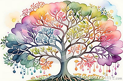 Mindful Growth: Watercolor Illustration of a Tree Resembling the Human Brain, Blossoms Sprouting as Metaphors for Positive Cartoon Illustration