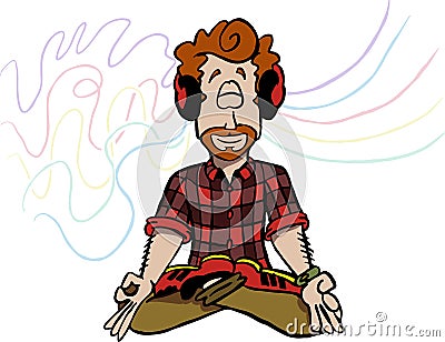 Young man practicing mindfulness with music. Vector Illustration