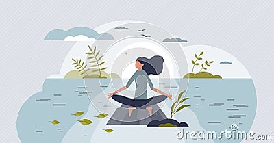 Mindfulness meditation, mental peace and yoga in nature tiny person concept Vector Illustration