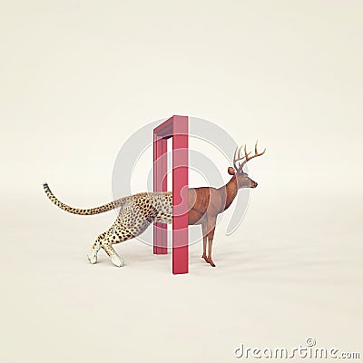 Mindset change. Cheetah entering a door and gets out as a deer . Cartoon Illustration