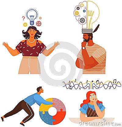 Mindset types set structural, analytical, logical and creative artistic personality predisposition Vector Illustration