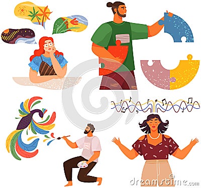 Mindset types set structural, analytical, logical and creative artistic personality predisposition Vector Illustration