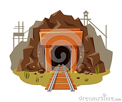Mine gold illustration on white background with place for your text. Golden cave with wooden banner and railway in Vector Illustration