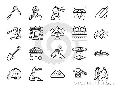 Mine icon set. Included the icons as mining, worker, labor, coal, underground, digging, track, rail and more. Vector Illustration