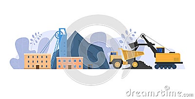 Mine industry vector illustration, cartoon flat urban landscape with mining factory building for coal extraction Vector Illustration
