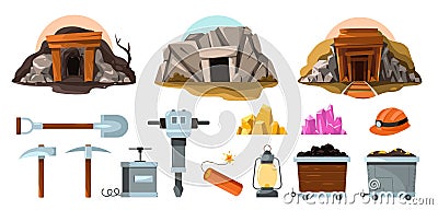 Mine tools. Cartoon miner worker tools, mining cart with drill hammer pickaxe, underground cart with mining equipment Vector Illustration