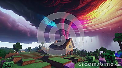 Minecraft inspired colorful tornado. Minecraft game world cube voxel surface landscape. Generative AI Stock Photo