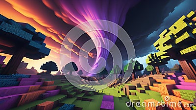 Minecraft inspired colorful tornado. Minecraft game world cube voxel surface landscape. Generative AI Stock Photo