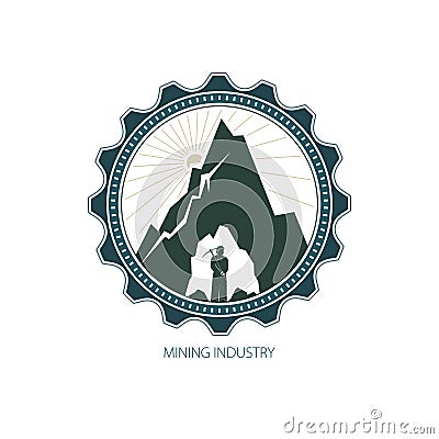 Miner against Mountains in Gear Vector Illustration