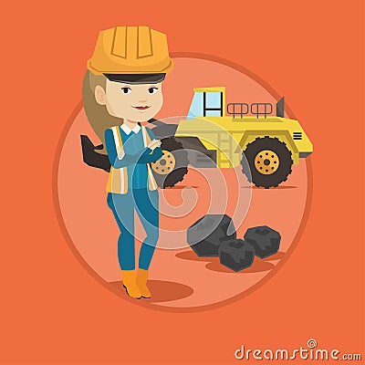 Miner with a big excavator on background. Vector Illustration