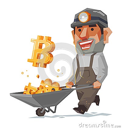 Miner and bitcoin mineral. Stock Photo