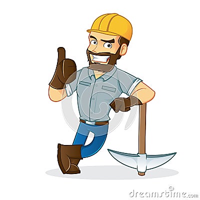 Miner leaning on pickax Vector Illustration