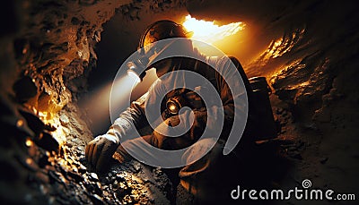 Miner with Headlamp in Dark Cave on Exploration Mission Stock Photo