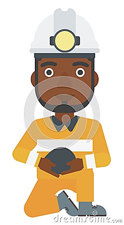 Miner holding coal in hands. Vector Illustration