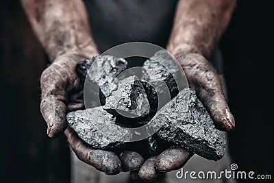 Miner holds coal palm. Concept mining. Top view. Stock Photo