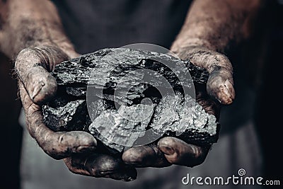 Miner holds coal, palm texture. Concept mining, black stone. Stock Photo