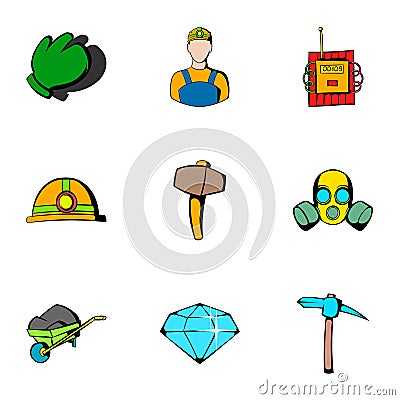 Miner icons set, cartoon style Vector Illustration