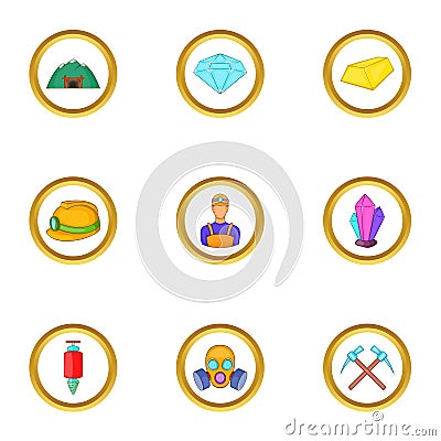 Miner icons set, cartoon style Vector Illustration