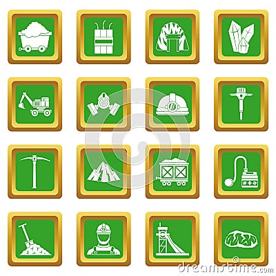 Miner icons set green Vector Illustration