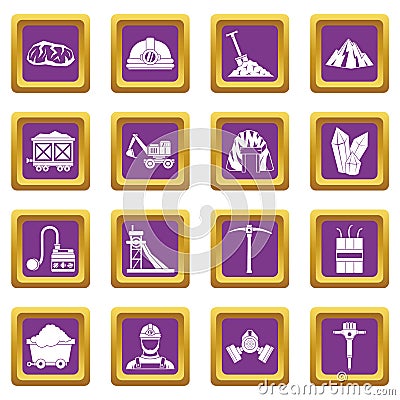 Miner icons set purple Vector Illustration