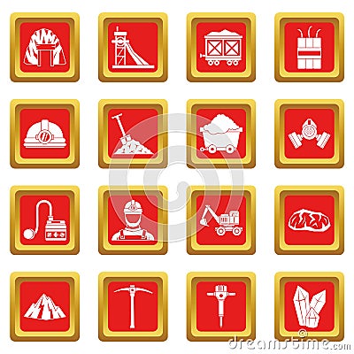 Miner icons set red Vector Illustration