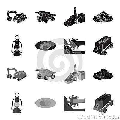 A miner lamp, a funnel, a mining combine, a trolley with ore.Mining industry set collection icons in black,monochrome Vector Illustration