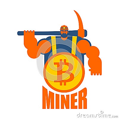 Miner logo. Mining Bitcoin Crypto Currencies. Worker Vector Illustration