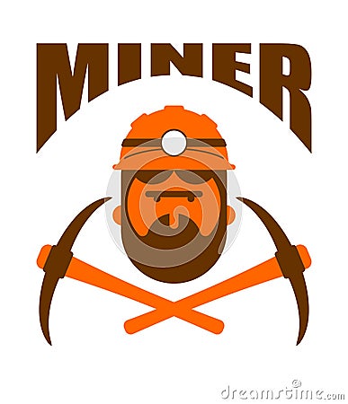 Miner logo. Mining Bitcoin Crypto Currencies. Worker with pickax Vector Illustration