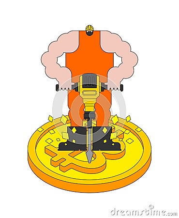 Miner mining bitcoin. Worker and jackhammer. vector illustration Vector Illustration