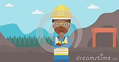 Miner with mining equipment on background. Vector Illustration