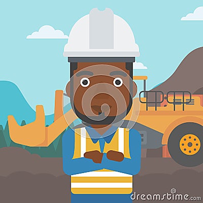 Miner with mining equipment on background. Vector Illustration