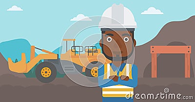 Miner with mining equipment on background. Vector Illustration