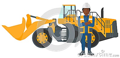 Miner with mining equipment on background. Vector Illustration