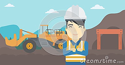 Miner with mining equipment on background. Vector Illustration