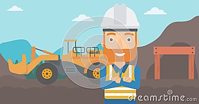 Miner with mining equipment on background. Vector Illustration