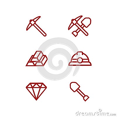 Miner mining icon with helmet, shovel, pickaxe, diamond, and gold outline icon set Vector Illustration