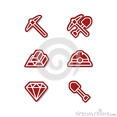 Miner mining outline sticker icon set with gold, pick axe, shovel, helmet, diamond Vector Illustration