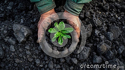 a miner& x27;s hands delicately planting a green plant amidst a coal heap, a commitment to environmental stewardship Stock Photo